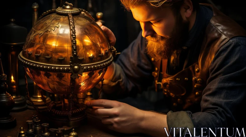 Masterful Artistry: Bearded Man Crafting a Spinning Globe with Mystical Undertones AI Image