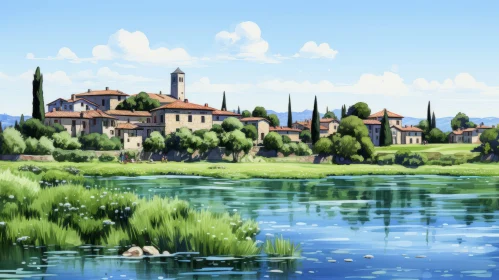 Serene River Village in Southern Countryside | Anime Art | Mediterranean Landscapes