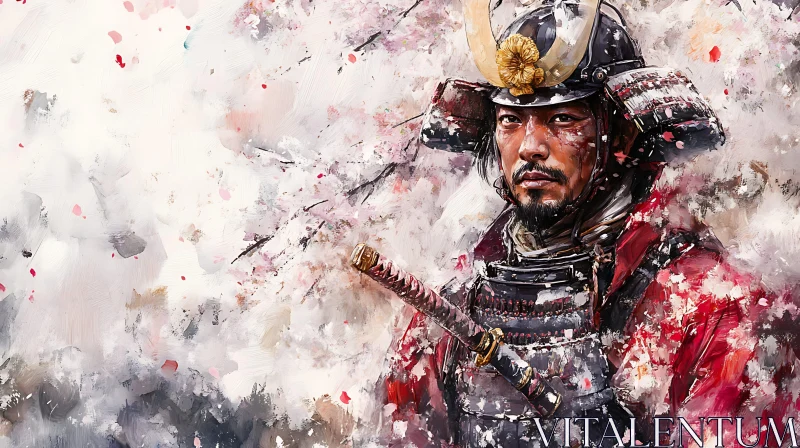 Samurai Warrior in Armor with Cherry Blossoms AI Image