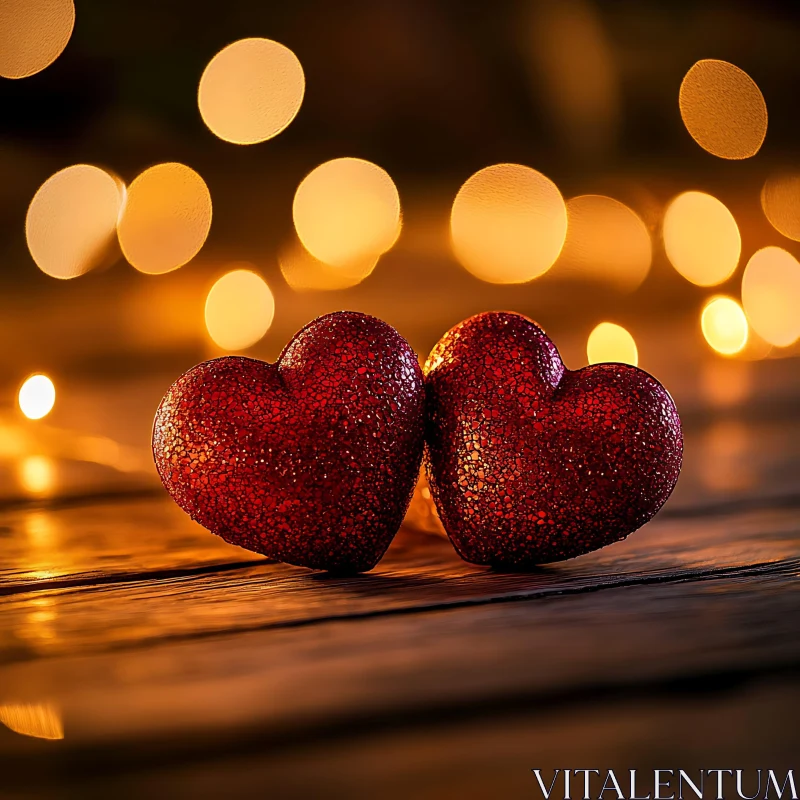 Sparkling Hearts on Wooden Table AI Image