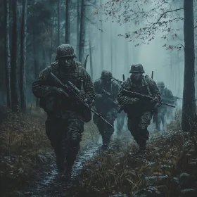 Camouflaged Soldiers in Dense Woodland