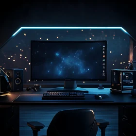 Tech Desk Setup with Curved Monitor and Space Theme