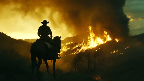 Silhouette of Cowboy Against Raging Wildfire