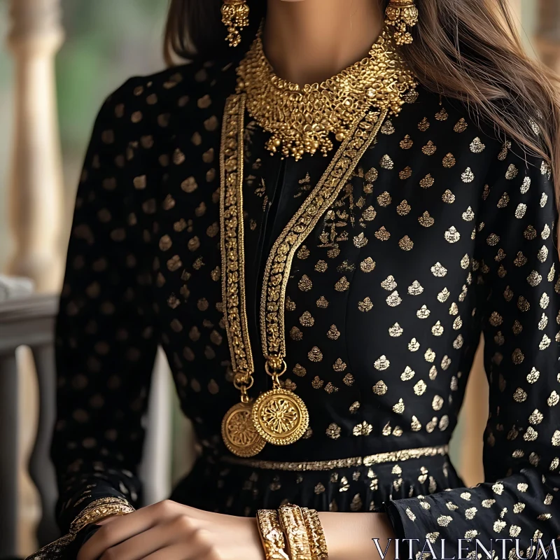 Golden Accents on Black Dress AI Image