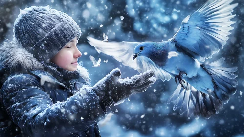 Child and Dove Winter Scene