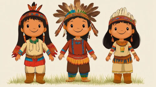 Cartoon Native American Kids in Traditional Dress