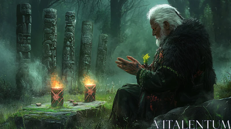 AI ART Old Man in Forest with Totems