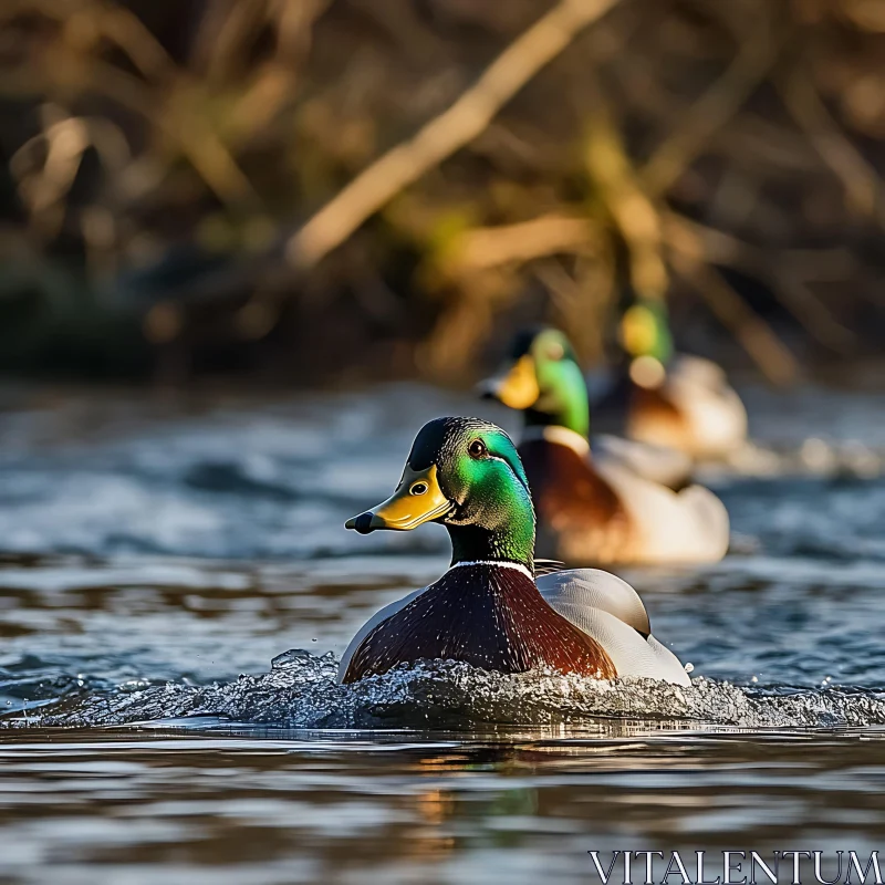 Mallard Ducks in Motion on a Calm Lake AI Image