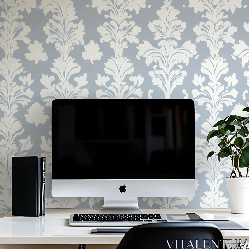 Contemporary Desk Setup with Stylish Wallpaper Background AI Image