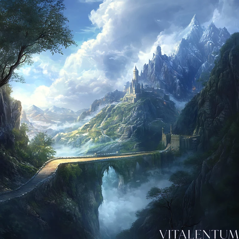 Mountain Castle Landscape with Stone Bridge AI Image