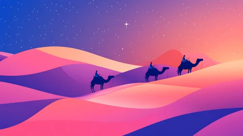 Camels in the Desert at Night