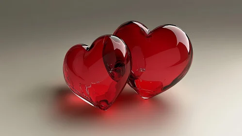 Two Red Glass Hearts on Neutral Background