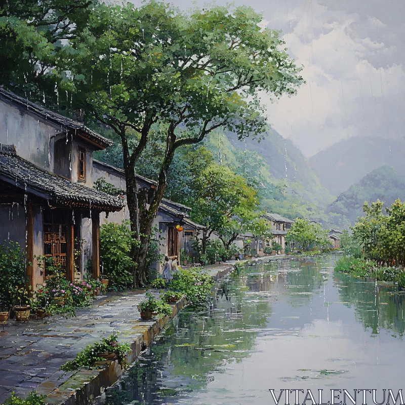 Rainy Day in a Quiet Village AI Image