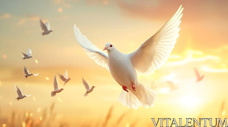 White Doves Soaring in Golden Light AI Image