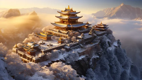 Snowy Mountain Temple at Golden Hour