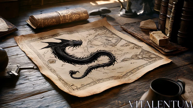 AI ART Antique Dragon Map on Wood Table