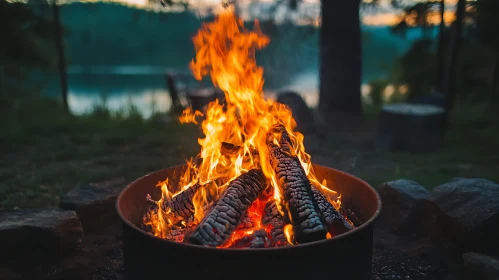 Lakeside Campfire in a Twilight Forest Setting