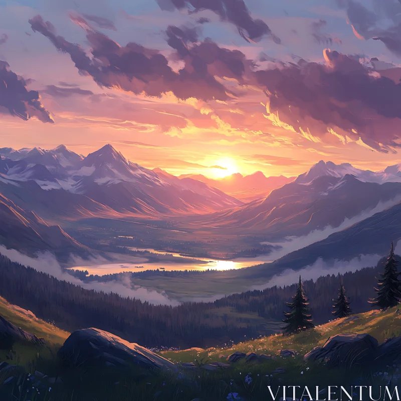 Peaceful Mountain Range Sunset View AI Image