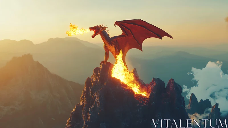 Mountain Dragon Breathing Fire AI Image