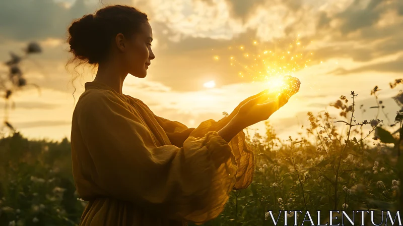 Magical Orb in Hands at Sunset AI Image