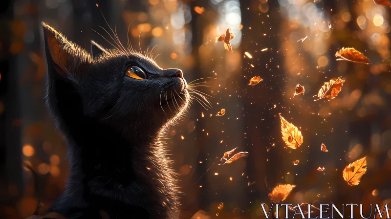 Cat in Sunlit Autumn Leaves AI Image