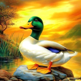 Duck on Rock with Sunset Reflection