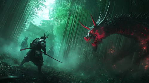 Forest Battle: Samurai Confronts Fiery Dragon