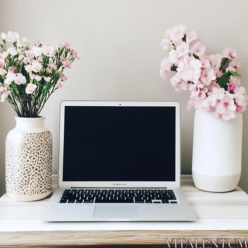 Serene Office Desk with Laptop and Blooms AI Image