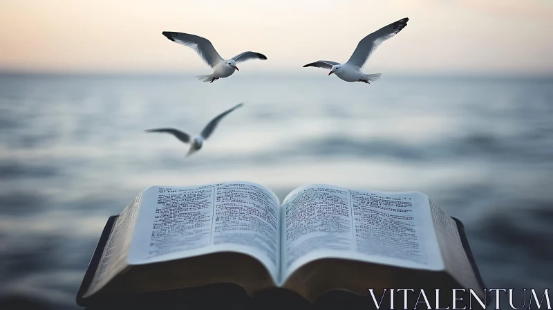 Tranquil Scene of Seagulls and Open Book AI Image