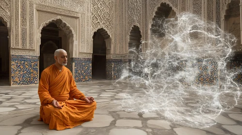 Meditative Monk in Ancient Hall