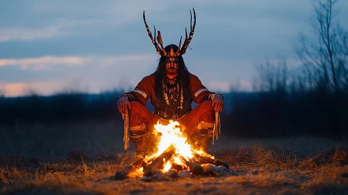 Man with Antlers by Fire