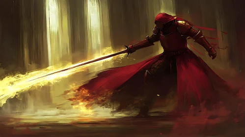 Red Armor Warrior with Flaming Sword