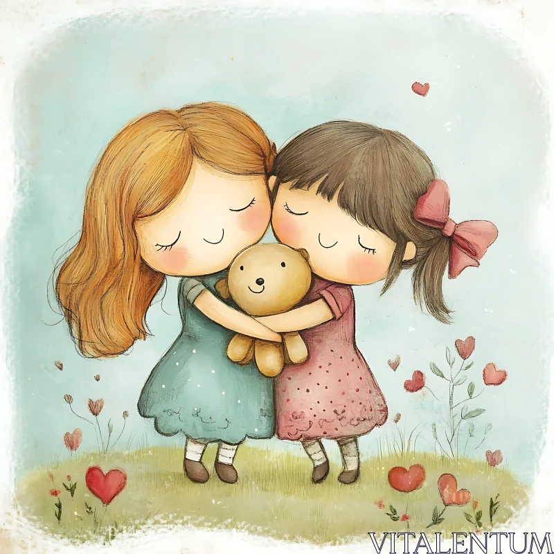 AI ART Girls Hugging Teddy Bear with Hearts