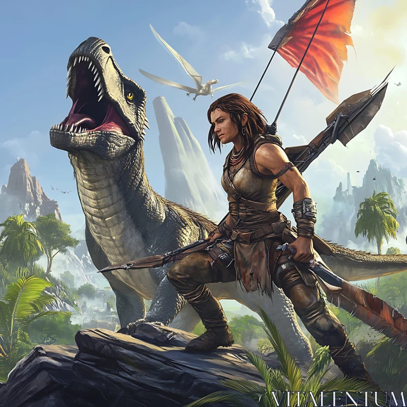 AI ART Prehistoric Companions: Woman and Dinosaur