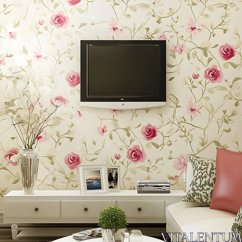 AI ART Floral Wallpaper and Modern TV Interior