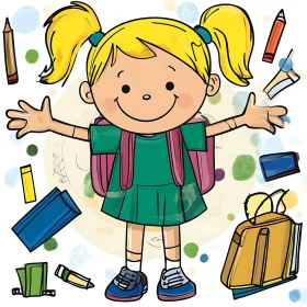 Girl with Backpack and School Supplies