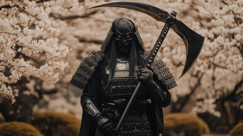 Black Armored Warrior with Cherry Blossoms