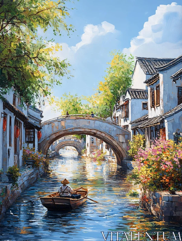 Tranquil Waterscape with Traditional Architecture AI Image