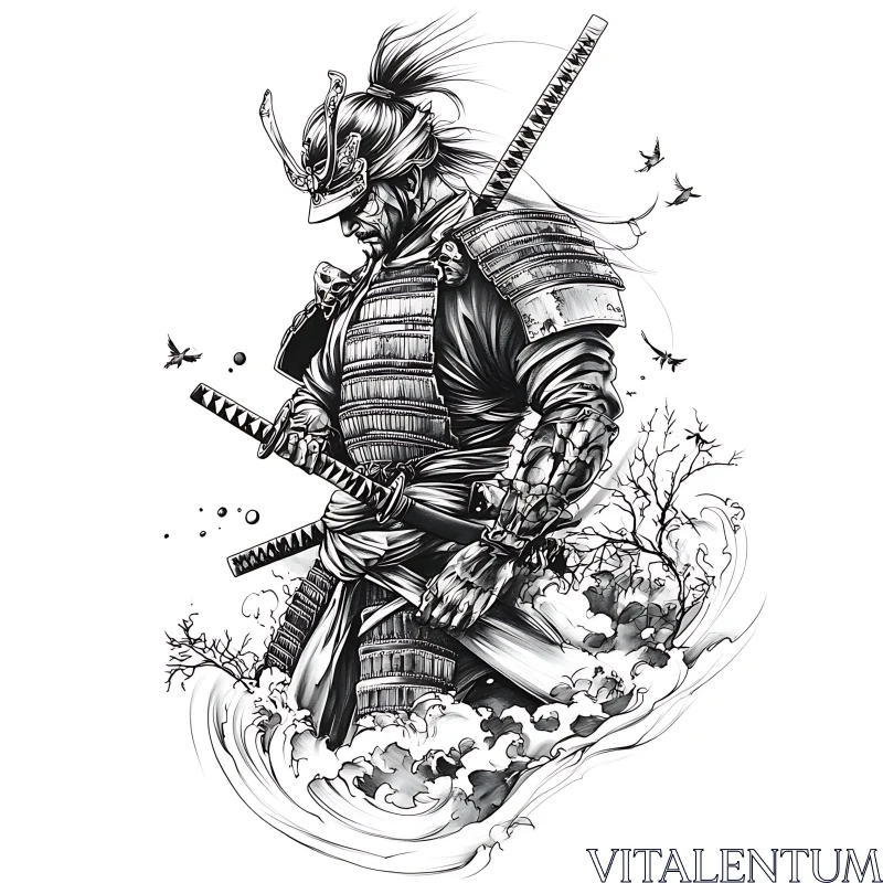 AI ART Monochrome Samurai Illustration with Katana and Birds