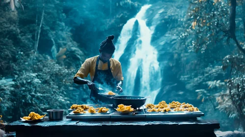 Outdoor Cooking with Scenic Waterfall View