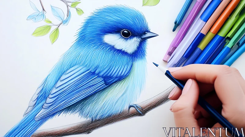 AI ART Hand-Drawn Blue Bird on Branch