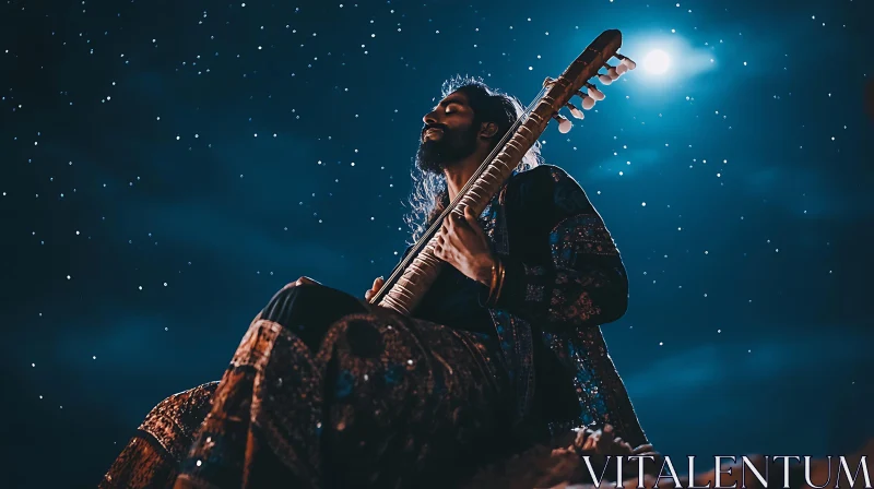 Man Playing Sitar Under Moonlight AI Image