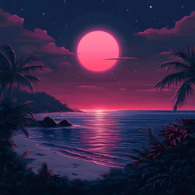 Tranquil Night Seascape with Pink Moon