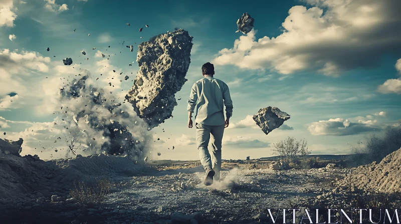 Man Walking in Surreal Landscape AI Image