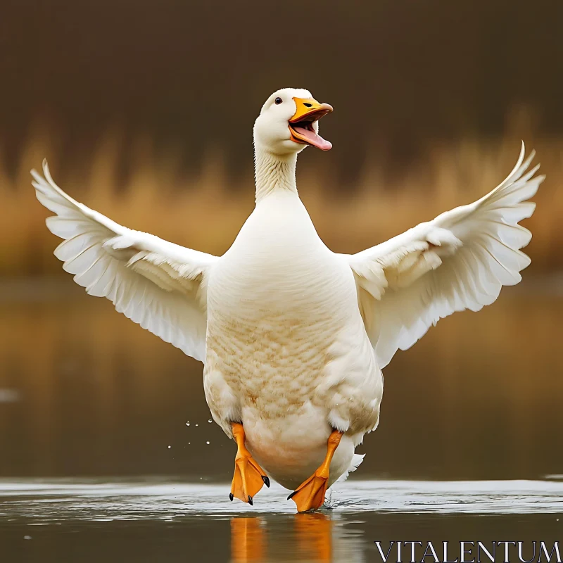 Duck Spreading Wings in Water AI Image