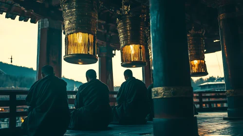 Meditative Monks Under Glimmering Lanterns