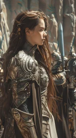 Female Warrior in Ornate Metal Armor