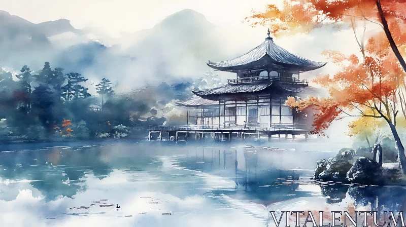 AI ART Autumnal Temple Tranquility