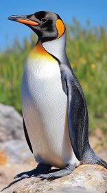 Penguin on Rock with Lush Background