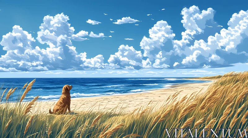 Serene Coastal Scene with Dog AI Image